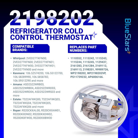 2198202 refrigerator cold control thermostat replacement part with compatibility and cross-reference information graphic.