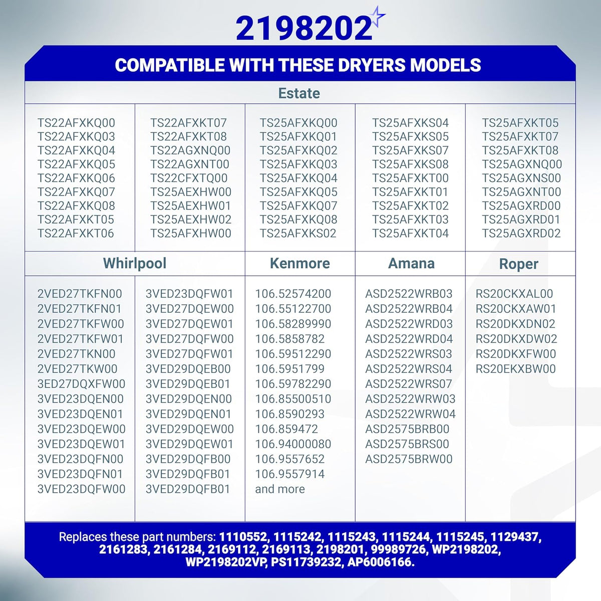Compatibility chart for 2198202 refrigerator cold control thermostat listing compatible dryer and refrigerator models.
