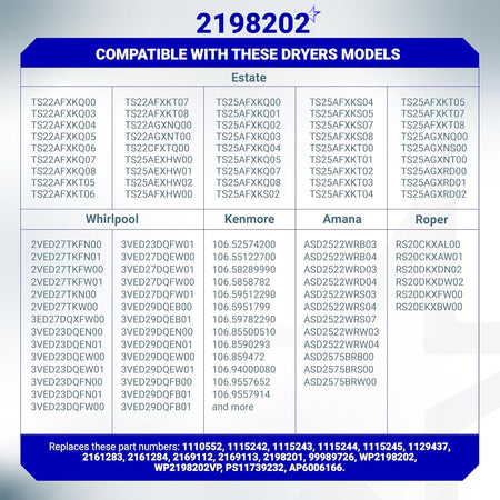 Compatibility chart for 2198202 refrigerator cold control thermostat listing compatible dryer and refrigerator models.