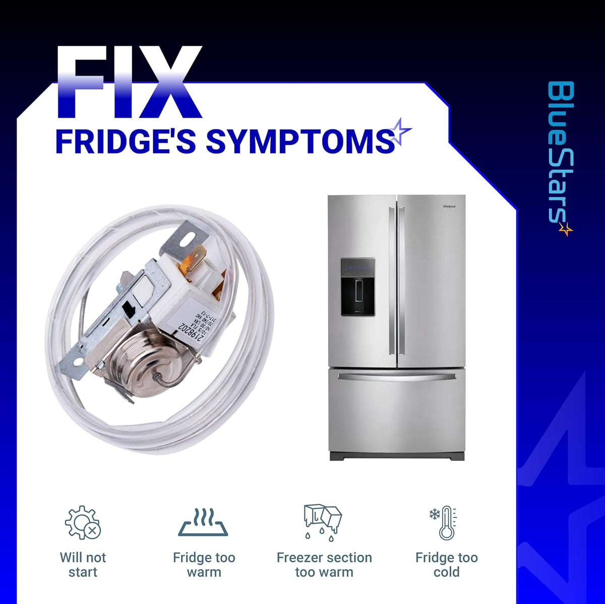 2198202 refrigerator cold control thermostat replacement part with compatible Whirlpool fridge and symptom icons.