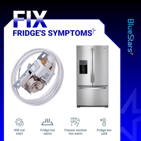 2198202 refrigerator cold control thermostat replacement part with compatible Whirlpool fridge and symptom icons.
