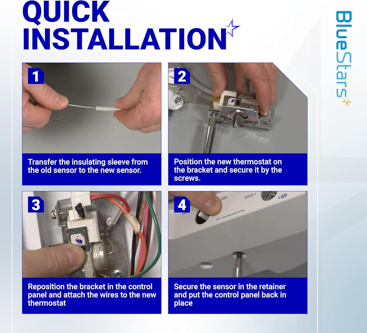 Four-step quick installation guide for 2198202 refrigerator cold control thermostat replacement.