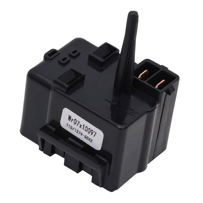 WR07X10097 refrigerator relay and overload assembly replacement part with label.