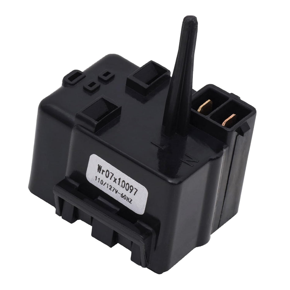 WR07X10097 refrigerator relay and overload assembly replacement part with label.