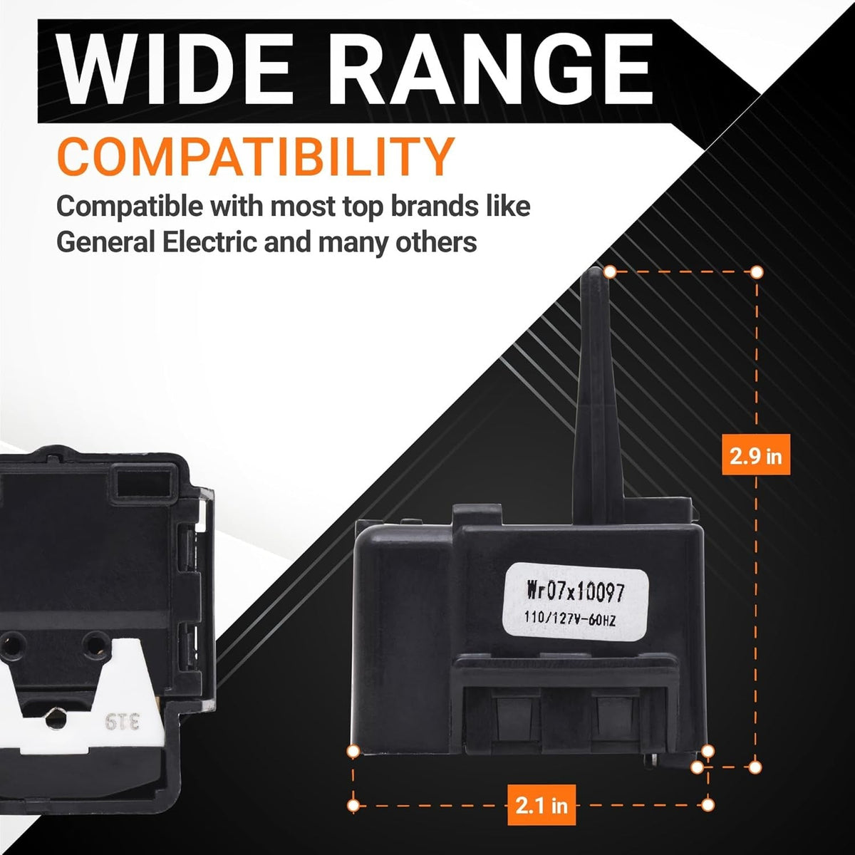 Dimensional diagram of WR07X10097 refrigerator relay and overload assembly showing 2.9 inch height and 2.1 inch width.