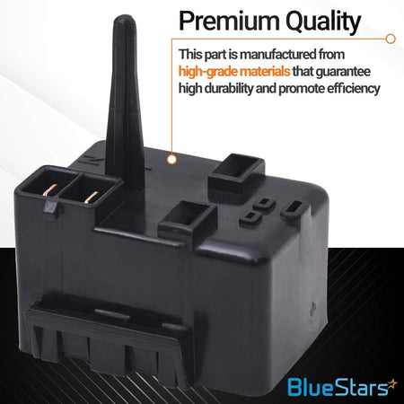 WR07X10097 refrigerator relay and overload assembly replacement part with premium quality text overlay.