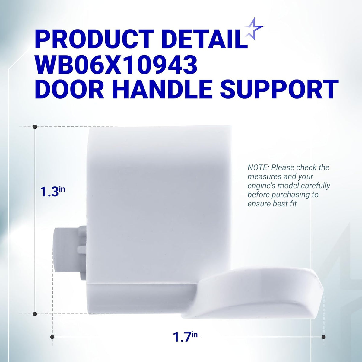 WB06X10943 microwave door handle support showing 1.3-inch by 1.7-inch dimensions for GE Hotpoint compatibility.