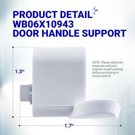 WB06X10943 microwave door handle support showing 1.3-inch by 1.7-inch dimensions for GE Hotpoint compatibility.