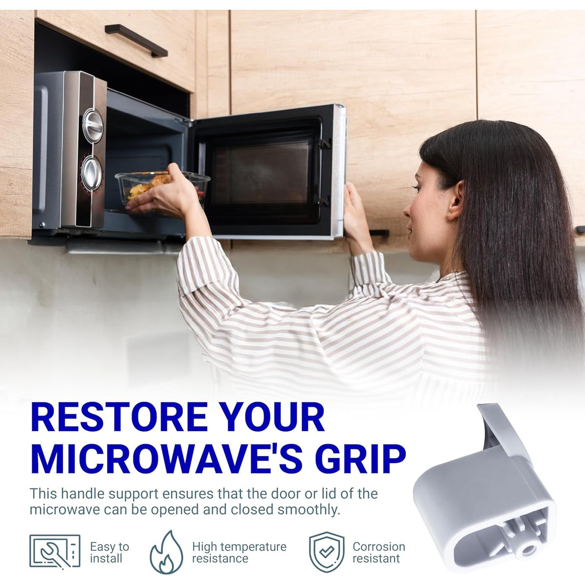 Woman using a microwave with a close-up of the WB06X10943 microwave door handle support replacement part.