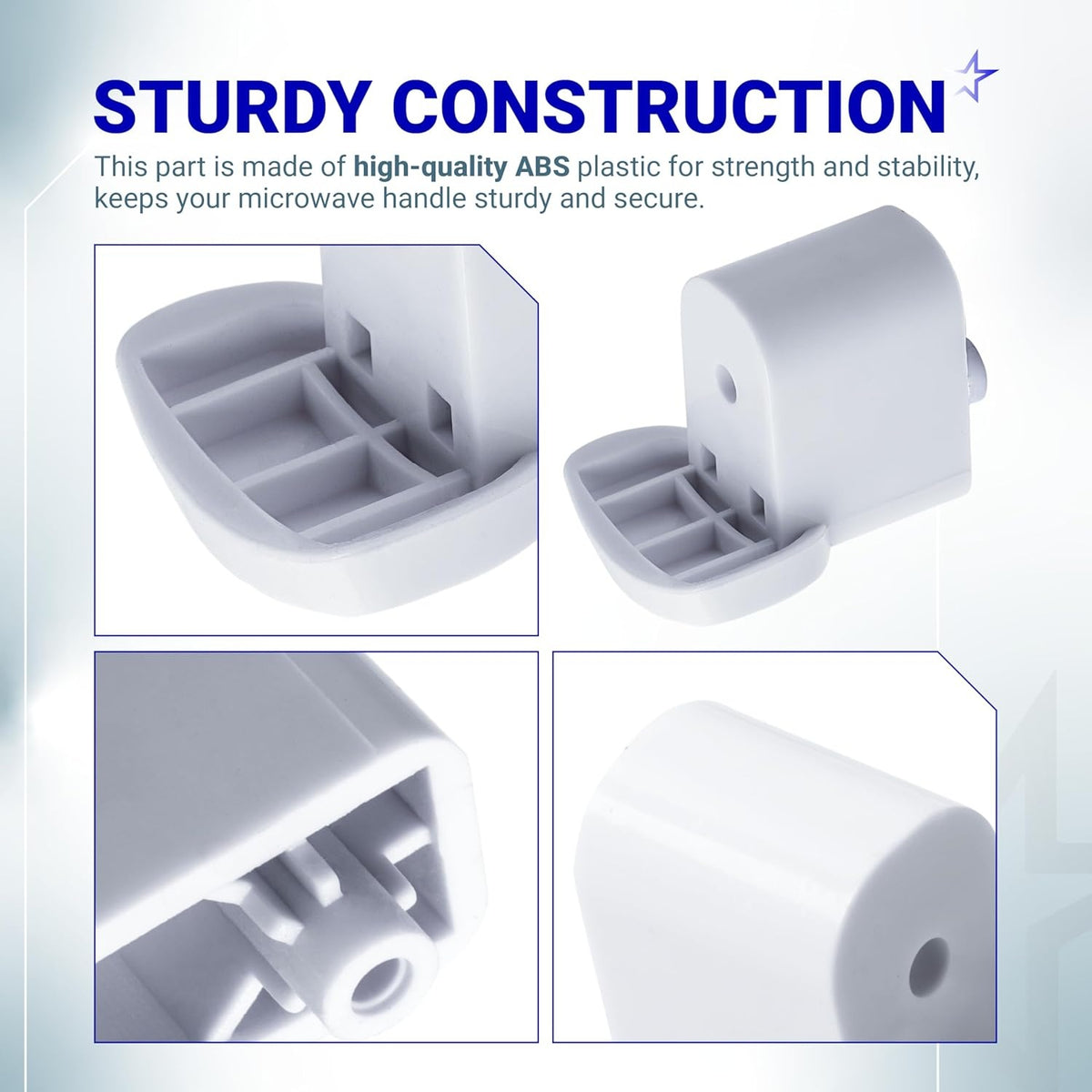 Multi-angle view of WB06X10943 microwave door handle support made of durable white ABS plastic.