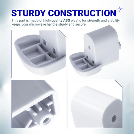 Multi-angle view of WB06X10943 microwave door handle support made of durable white ABS plastic.