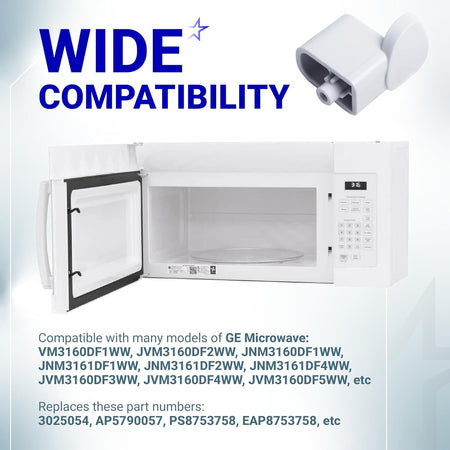 WB06X10943 microwave door handle support shown with compatible GE microwave model and replacement part list.