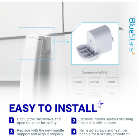 Installation guide for WB06X10943 microwave door handle support showing placement on a GE microwave.