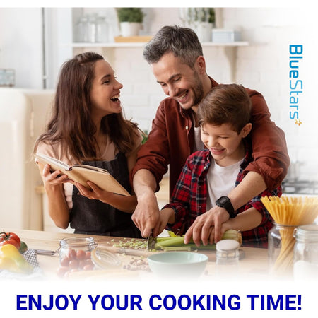 Happy family cooking together in a kitchen with BlueStars branding and the text Enjoy Your Cooking Time.