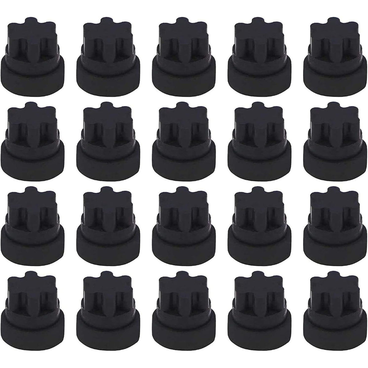 Pack of 20 black rubber grate feet replacement pads for Thermador and Bosch range cooktops.