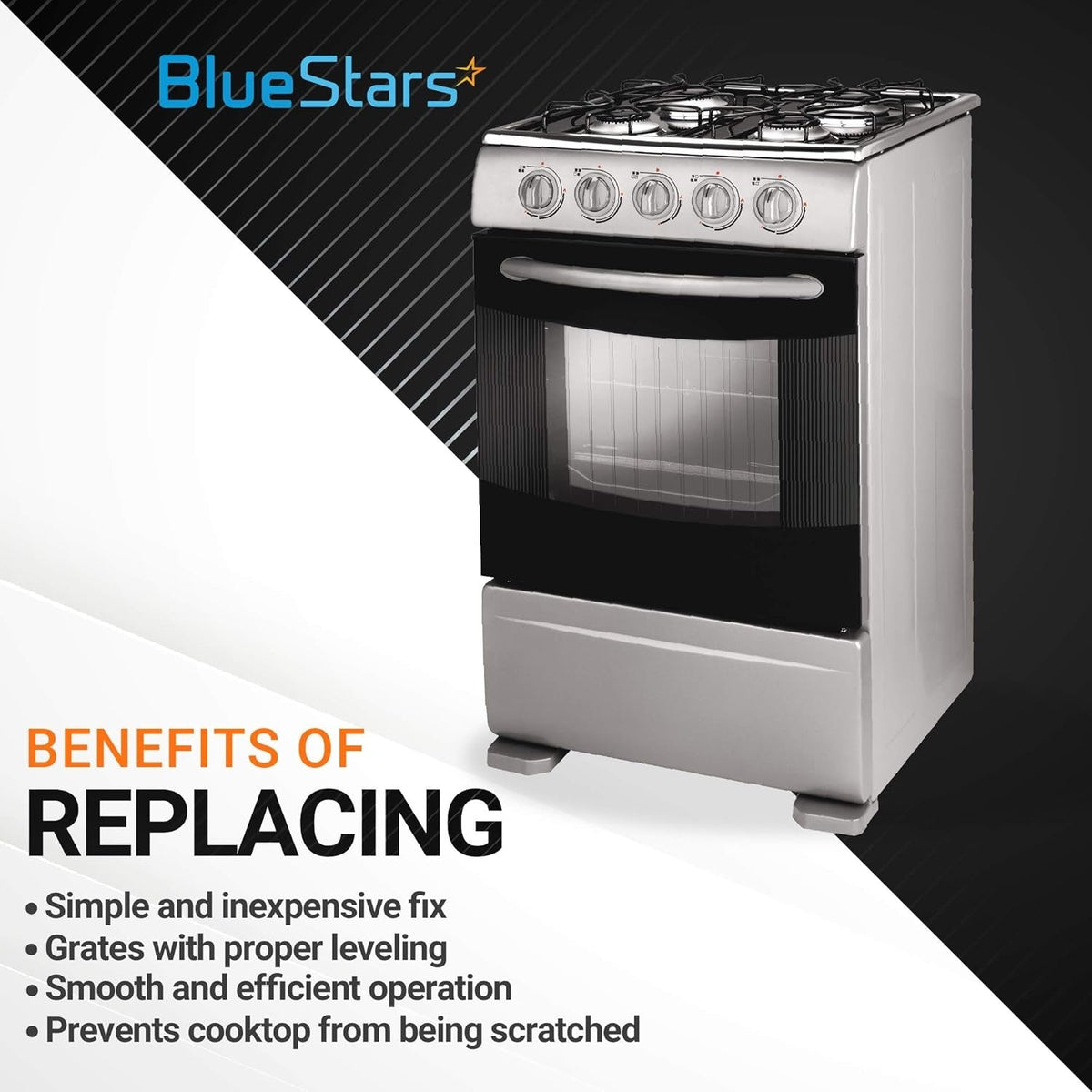Infographic showing a range cooktop and the benefits of replacing rubber grate feet for Thermador and Bosch models.
