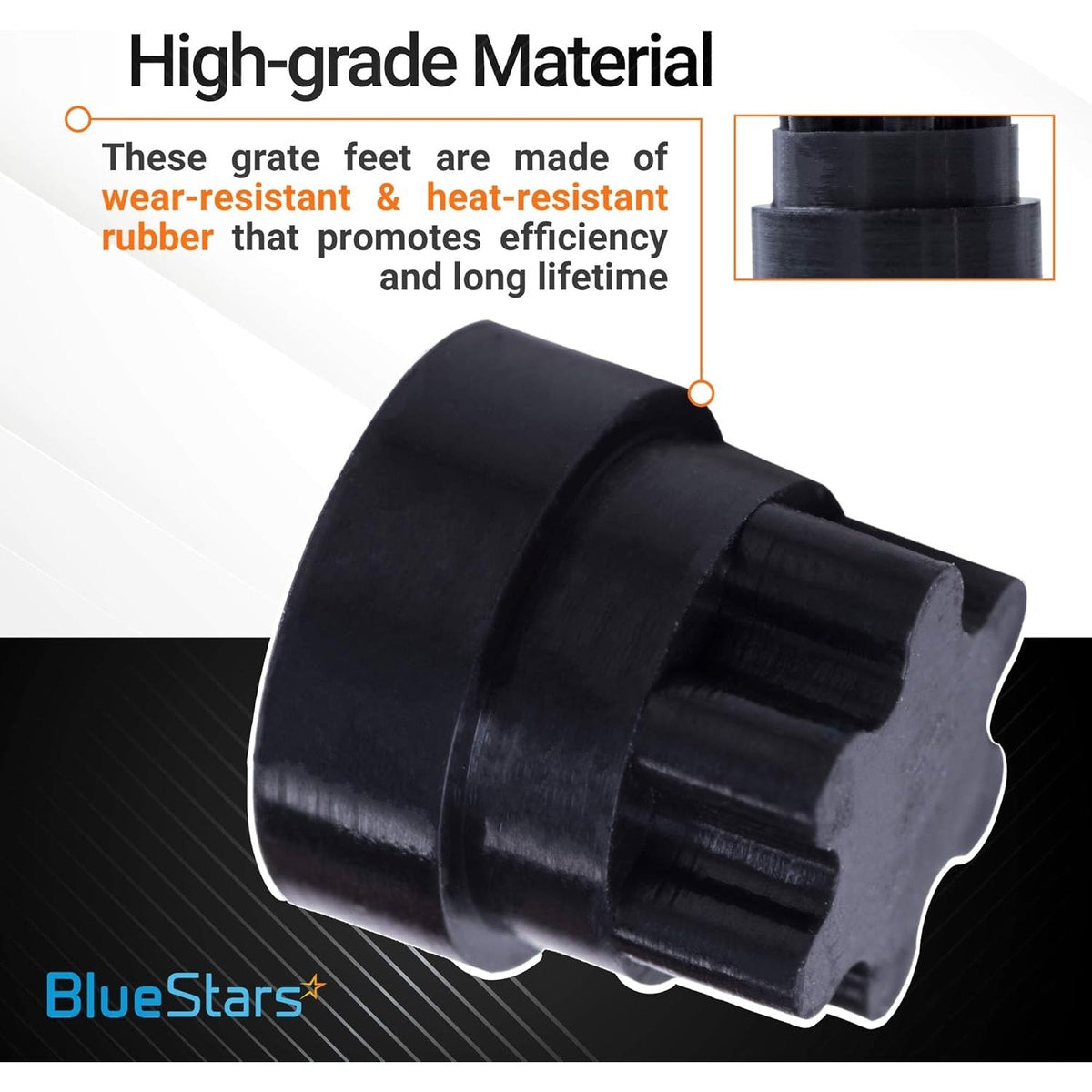 Close-up of a black rubber grate foot replacement for Thermador and Bosch range cooktops.