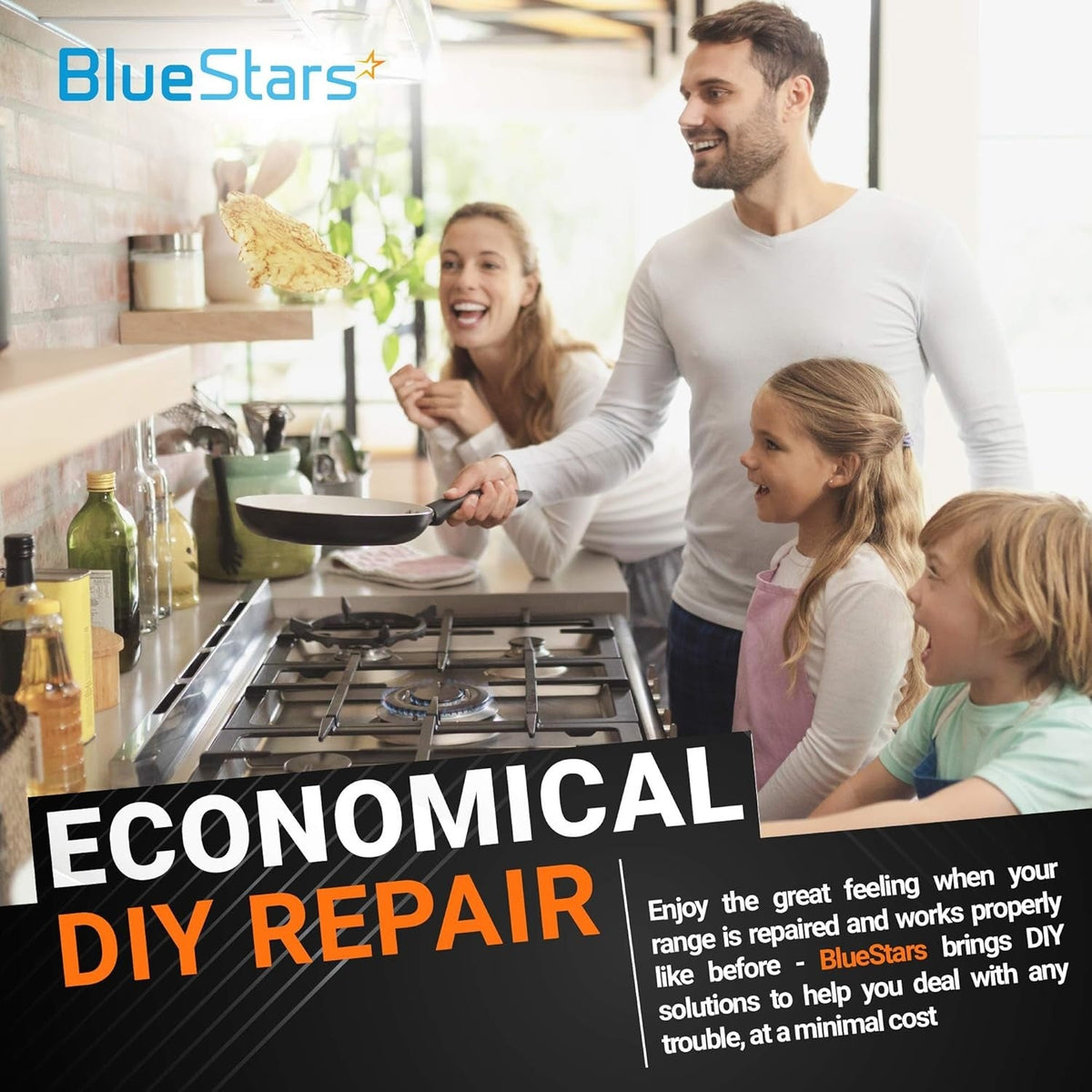 Family cooking on a Thermador and Bosch range cooktop featuring BlueStars DIY repair branding.