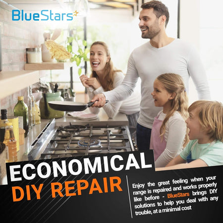 Family cooking on a Thermador and Bosch range cooktop featuring BlueStars DIY repair branding.
