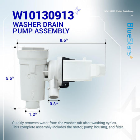 W10130913 washer drain pump assembly with dimension labels showing motor, pump housing, and filter components.