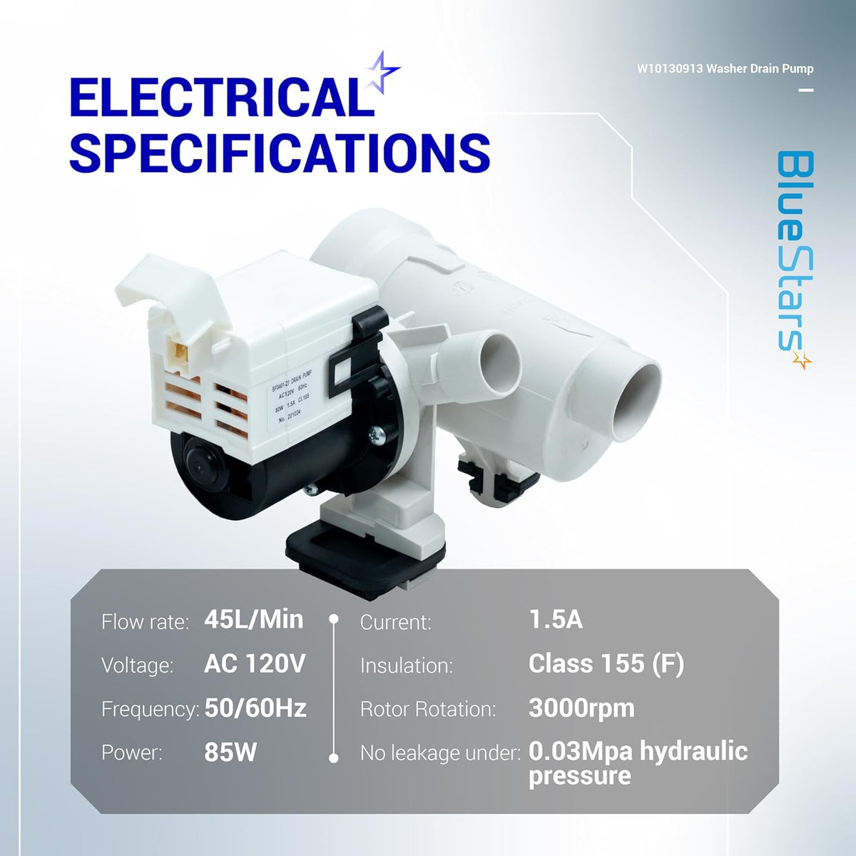 WPW10730972 washer drain pump assembly with electrical specifications chart showing voltage, power, and flow rate.