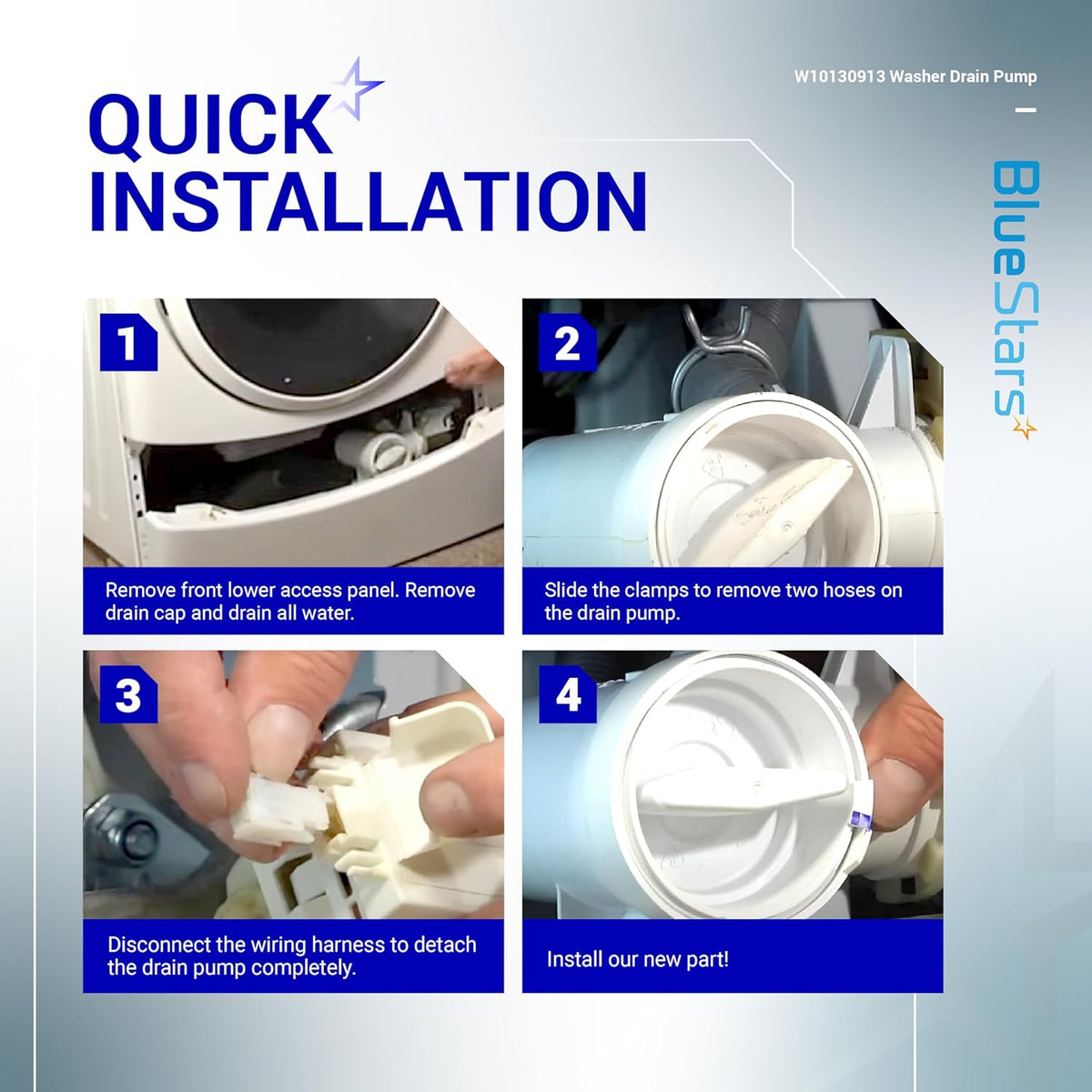 Quick installation guide for W10130913 washer drain pump assembly showing four steps to replace the pump.