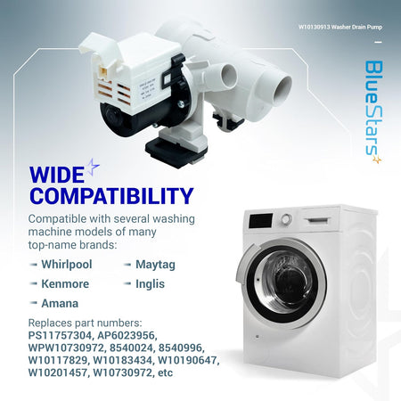 WPW10730972 washer drain pump assembly for Whirlpool, Kenmore, and Maytag washing machines.