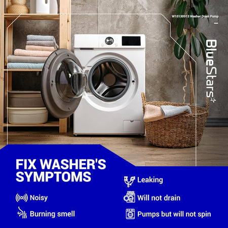 W10130913 washer drain pump assembly infographic showing common laundry machine repair symptoms and compatibility.