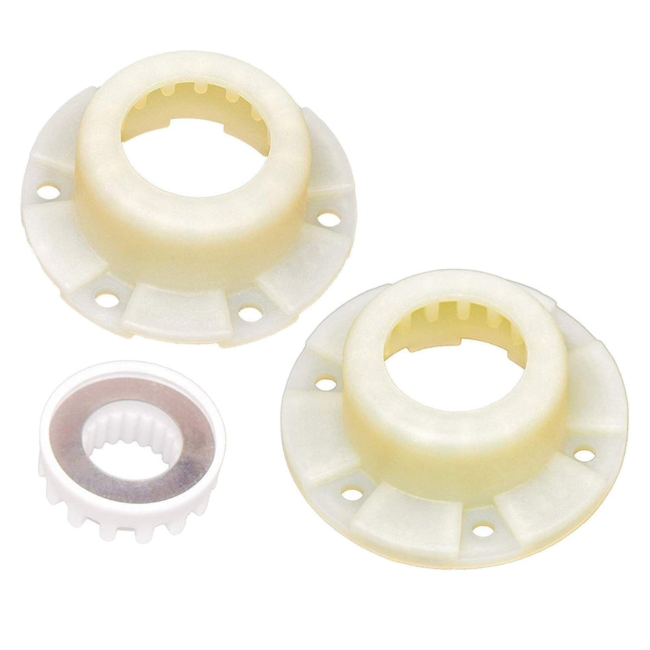 W10820039 washer hub kit components including two plastic drive hubs and one small splined gear insert.