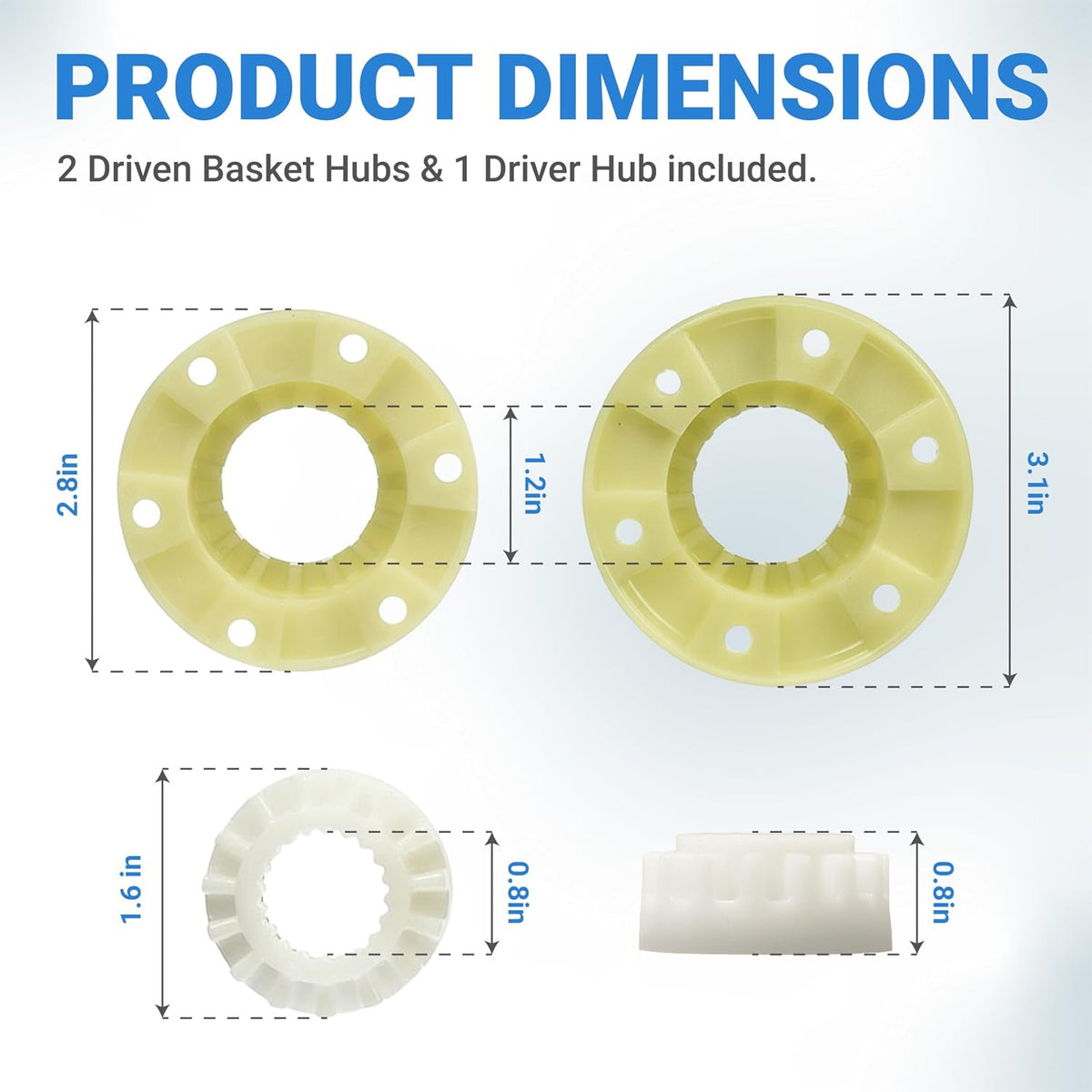 W10820039 280145 Washer Hub Kit product dimensions diagram with 2 driven basket hubs and 2 driver hubs