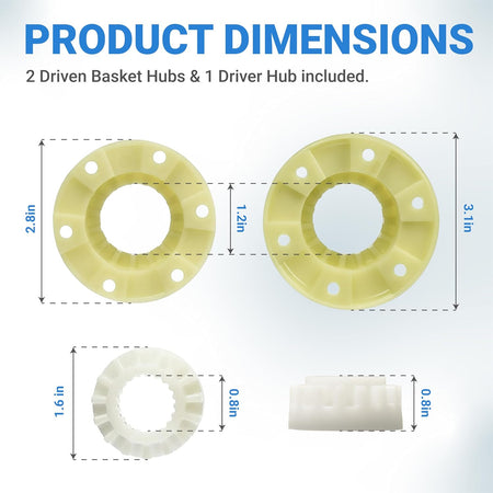 W10820039 280145 Washer Hub Kit product dimensions diagram with 2 driven basket hubs and 2 driver hubs