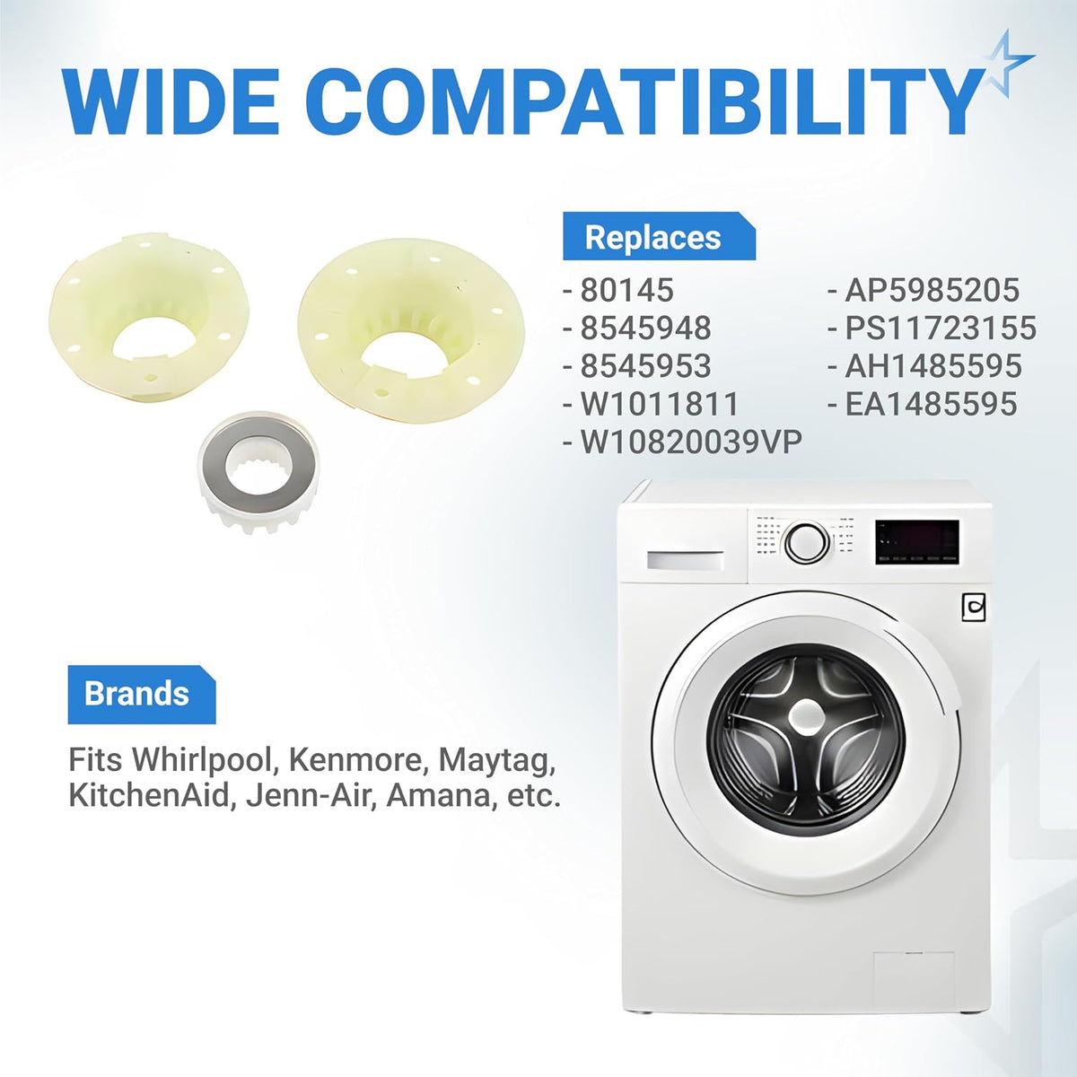 W10820039 Washer Hub Kit showing two hub plates, a metal ring, replacement part numbers, and compatible washer brands