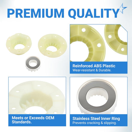 W10820039 280145 Washer Hub Kit shown with two plastic hub pieces, metal inner ring, and material detail callouts