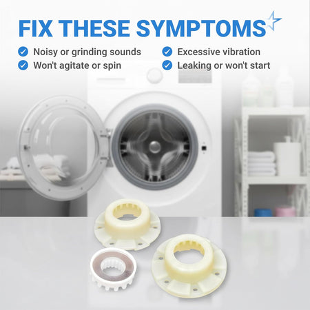 W10820039 washer hub kit with three hub components and symptom list over an open front-load washer
