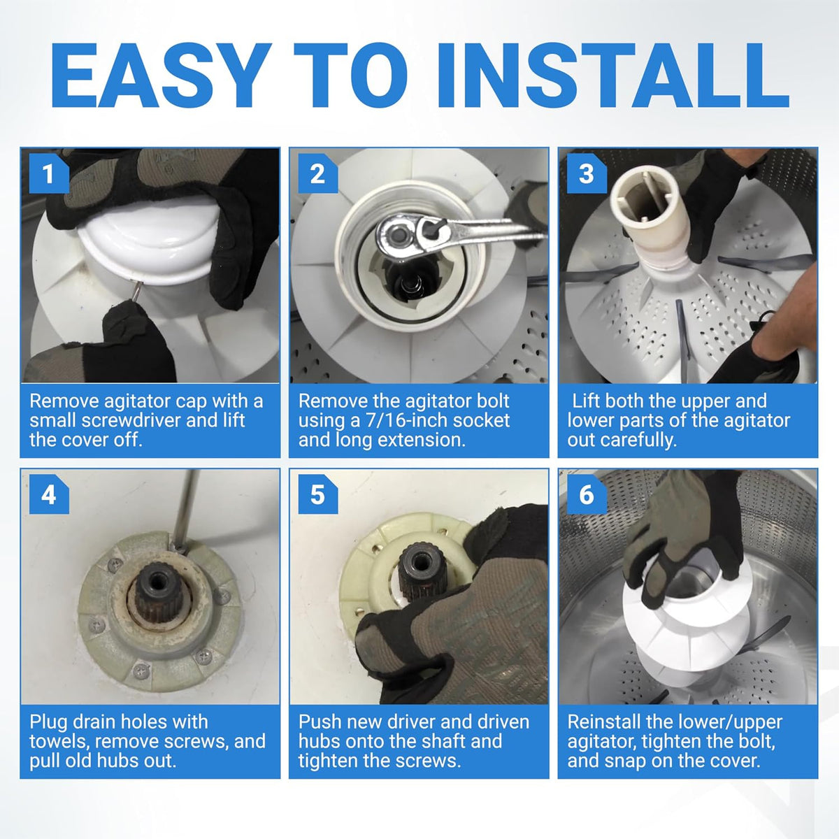W10820039 280145 Washer Hub Kit, six-step easy-install guide for removing and reinstalling a washer agitator