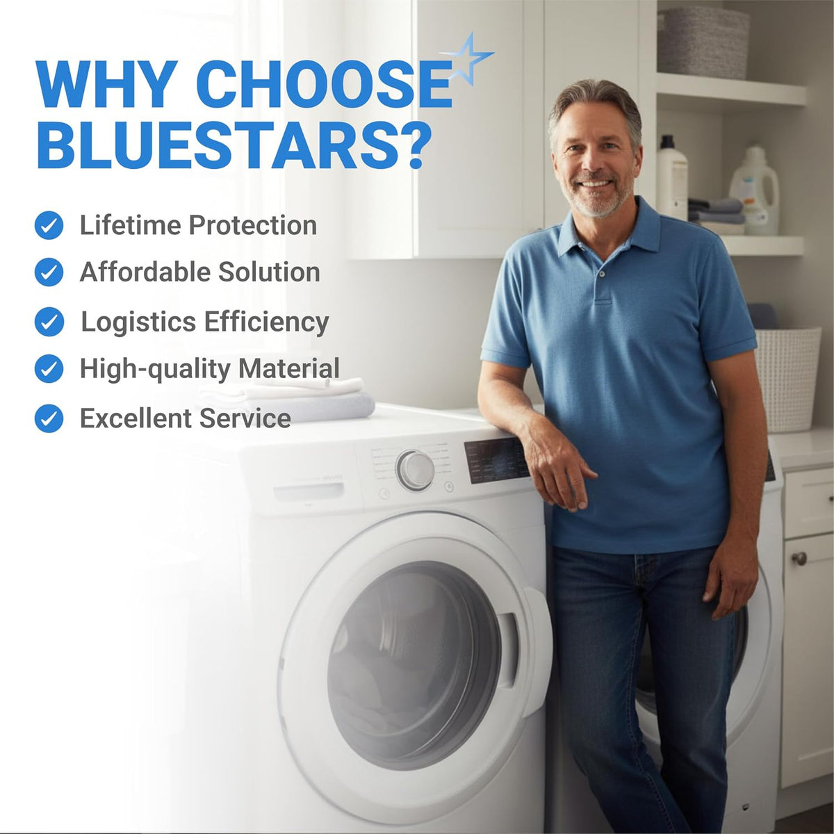 W10820039 280145 Washer Hub Kit marketing graphic with a man beside a front-load washer and service benefits