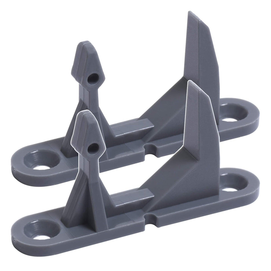 Two gray plastic washer door strikers for Frigidaire, Electrolux, and Kenmore washing machines.