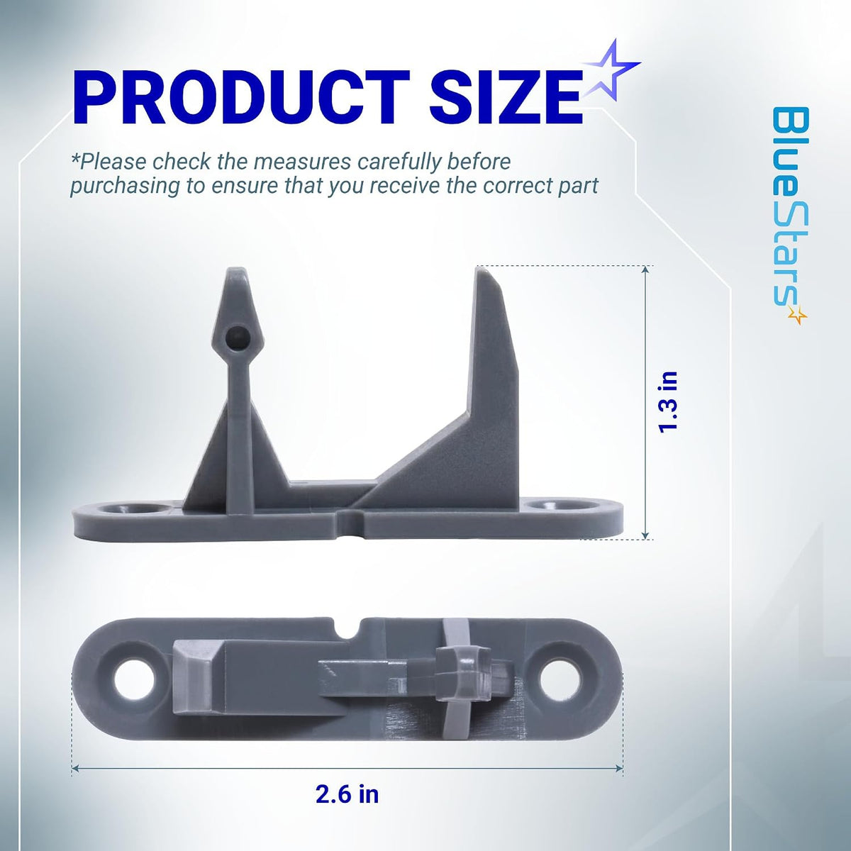131763302 Washer Door Striker, product size diagram showing 2.6 in length and 1.3 in height