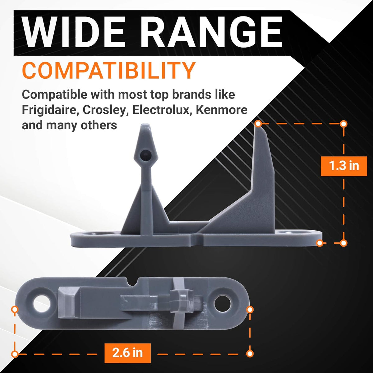 Washer door striker 131763302 showing dimensions of 2.6 inches by 1.3 inches for Frigidaire and Kenmore compatibility.