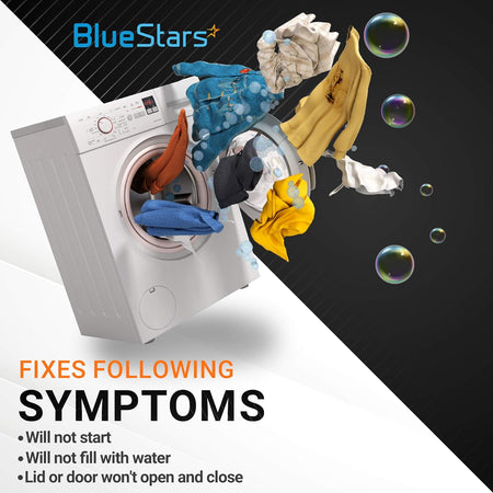 Graphic showing a washing machine with laundry and symptoms fixed by the 131763302 washer door striker replacement.