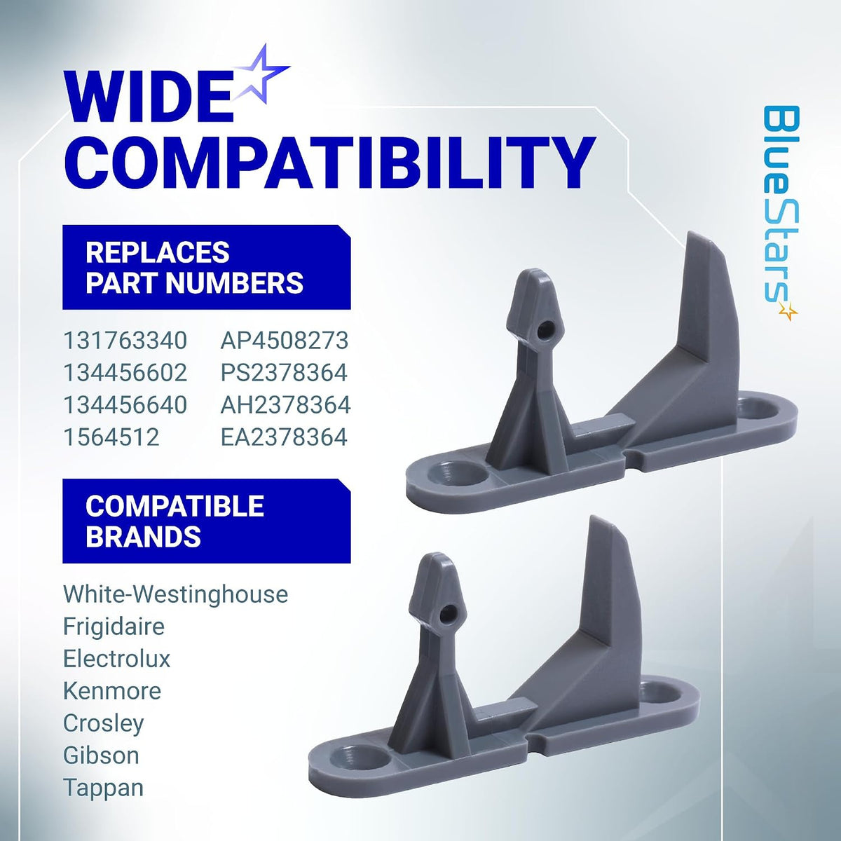 131763302 Washer Door Striker, compatibility graphic showing two strikers, replacement part numbers, and compatible brands