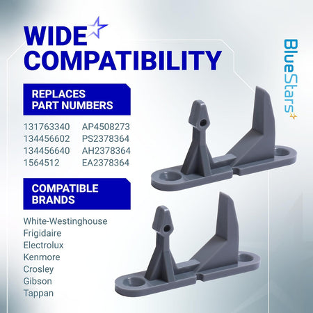 131763302 Washer Door Striker, compatibility graphic showing two strikers, replacement part numbers, and compatible brands