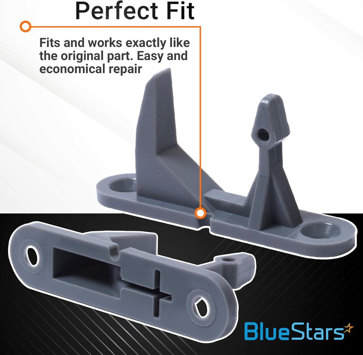 Two grey washer door strikers shown from side and bottom angles for Frigidaire, Electrolux, and Kenmore washers.