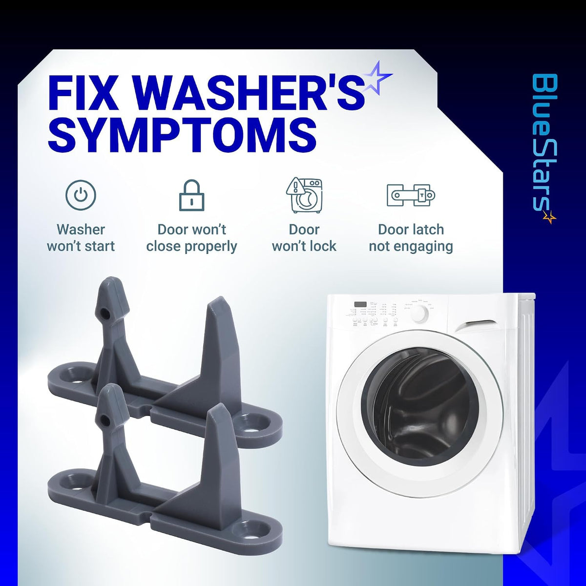 131763302 Washer Door Striker 2-pack shown beside a front-load washer with washer symptom labels