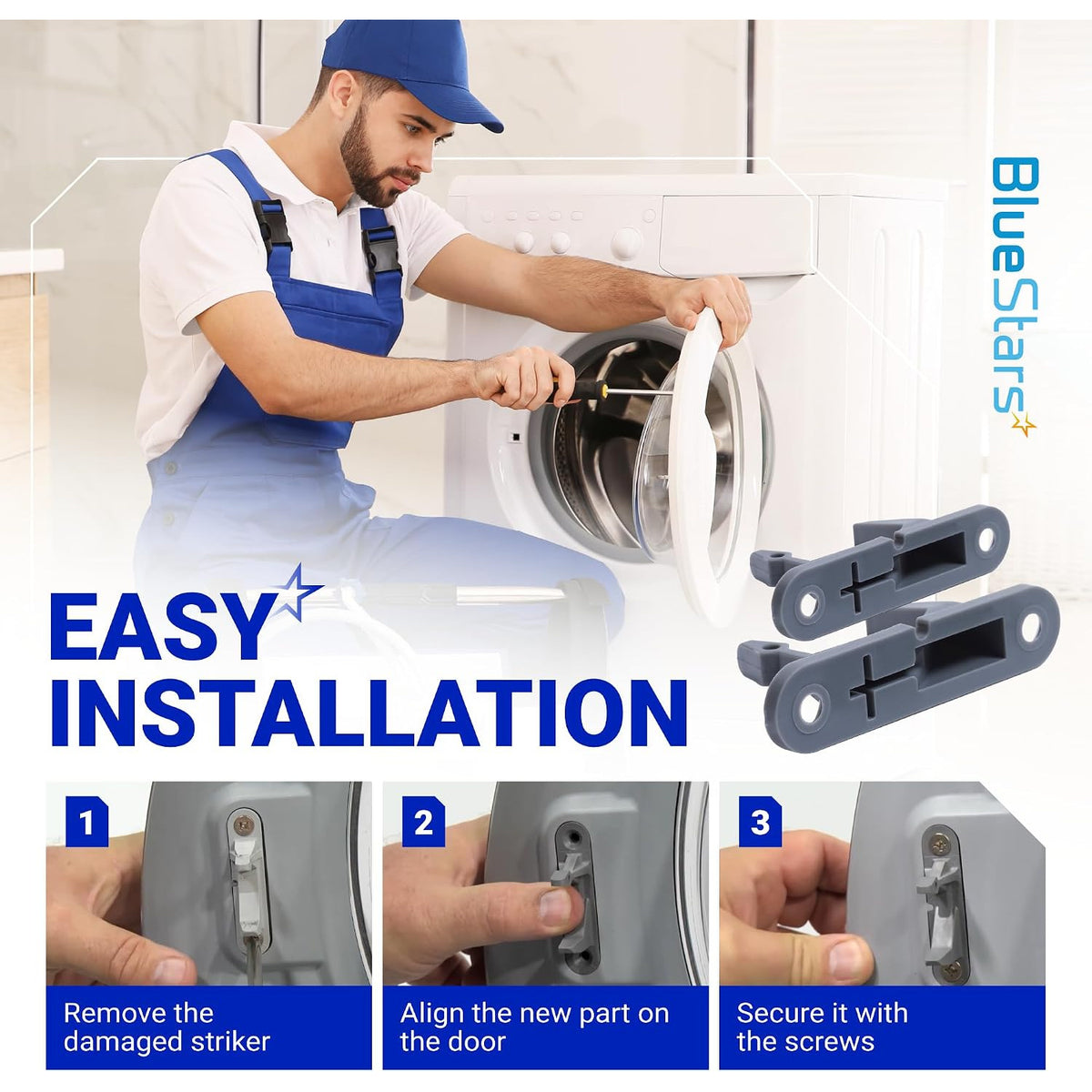 131763302 Washer Door Striker, installation graphic showing striker pair and three washer door replacement steps
