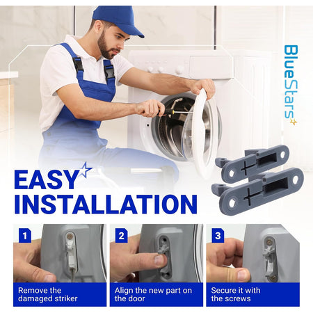131763302 Washer Door Striker, installation graphic showing striker pair and three washer door replacement steps