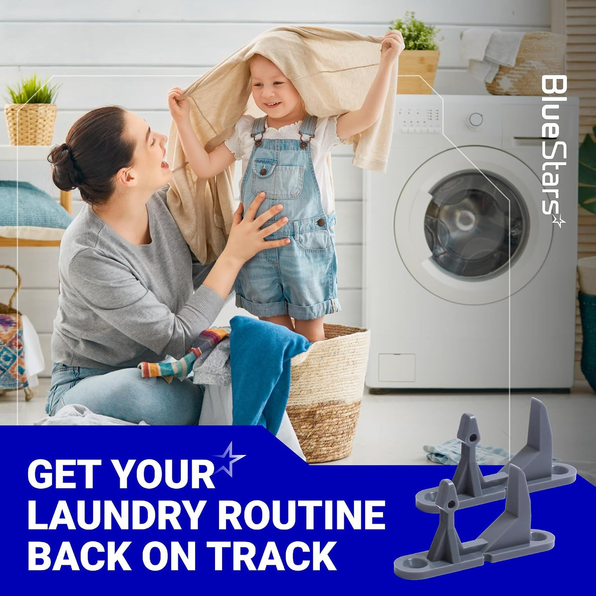 131763302 Washer Door Striker - 2-Pack, promotional graphic with strikers beside a front-load washer