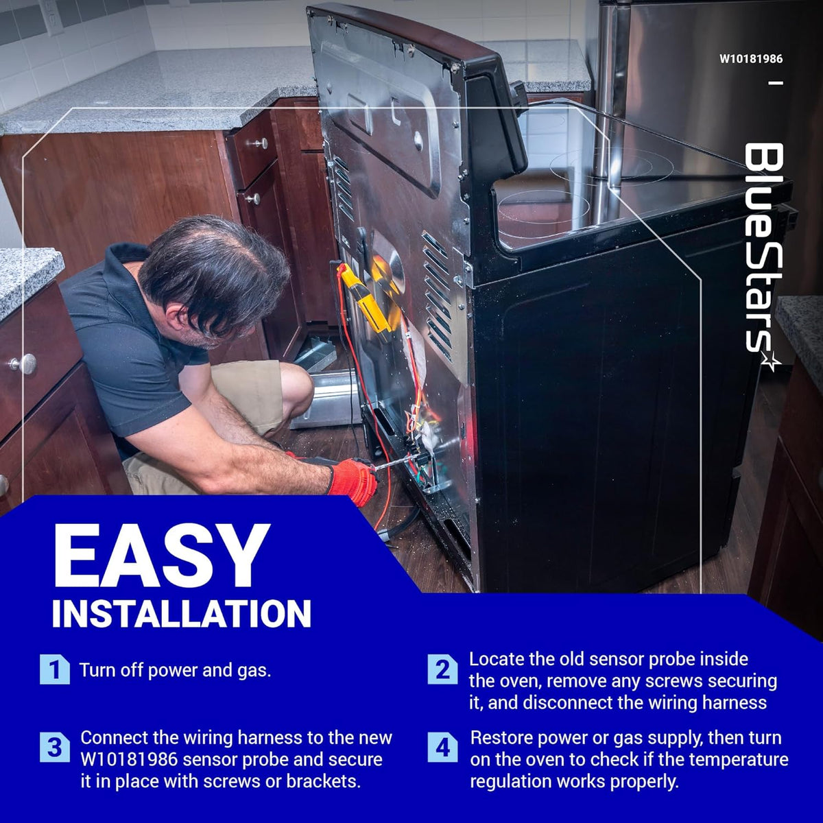 Technician installing a W10181986 range oven sensor probe with step-by-step installation instructions.