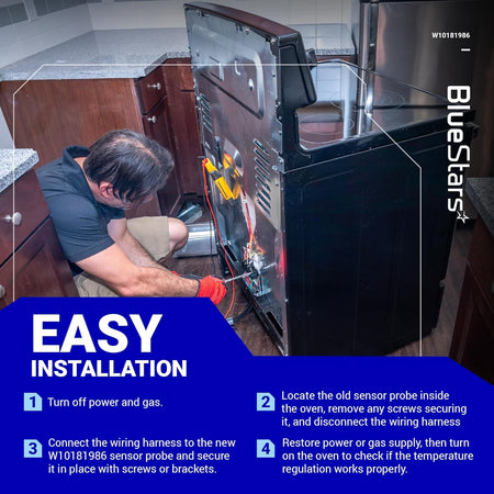 Technician installing a W10181986 range oven sensor probe with step-by-step installation instructions.