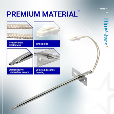 WPW10181986 oven sensor probe showing premium materials including stainless steel housing, braided wire, and tinned plug.
